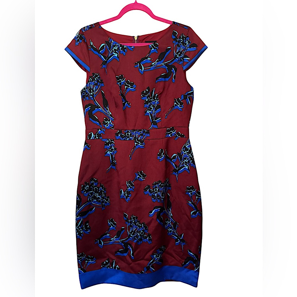 J. Crew Collection Silk Wool Red Blue Floral Midi Dress Limited Edition Size 10